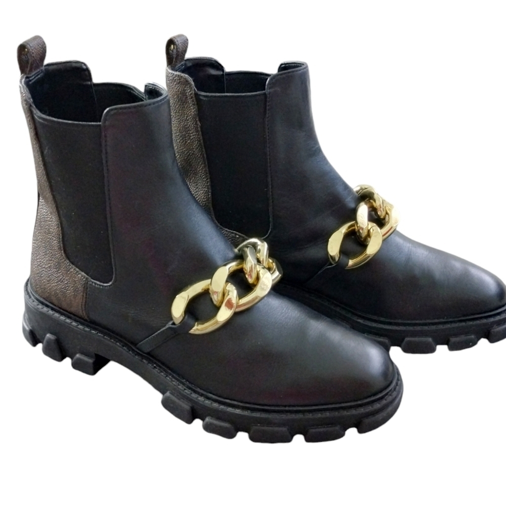 Michael Kors Scarlett Black Leather Chainlink Embellished Boots Mobwife Designer